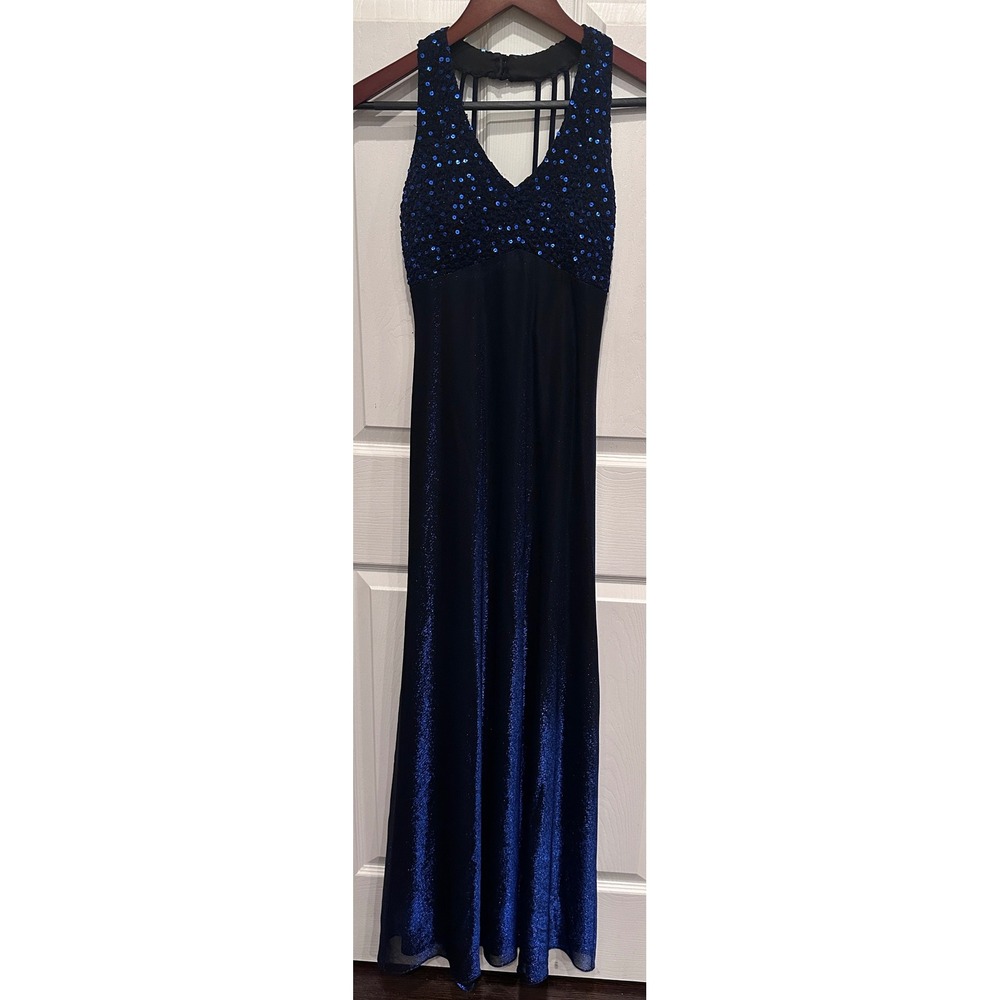 Cache Betsy Adam 6 Navy Blue Metallic Sparkly Sequin Maxi Gown Formal Evening S - Picture 3 of 10
